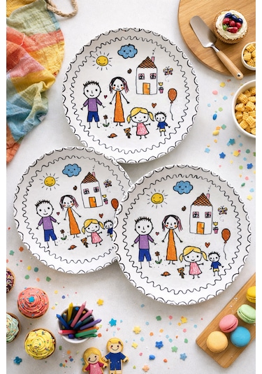 Çocuk Ve Aile Temalı Servis Tabağı Seti 6 Adet, 27 Cm Sevimli Aile Pasta, Tatlı, Kahvaltı Tabağı Çok Renkli
