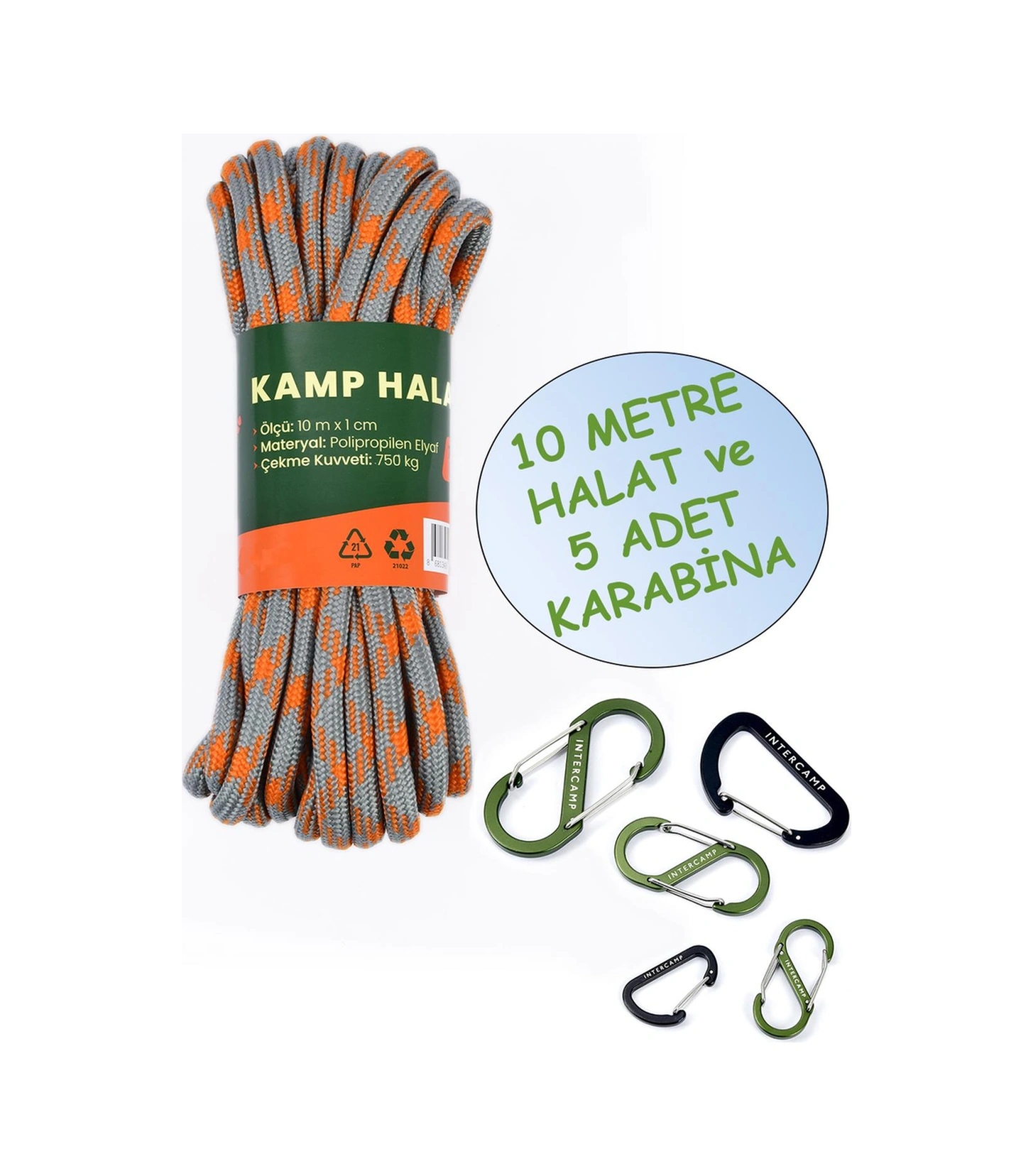 İntercamp 10 Mt. Kamp Halatı + 5 Adet Karabina, Kamp İpi, Çadır Halatı, Dış Mekan Halatı Çok Renkli