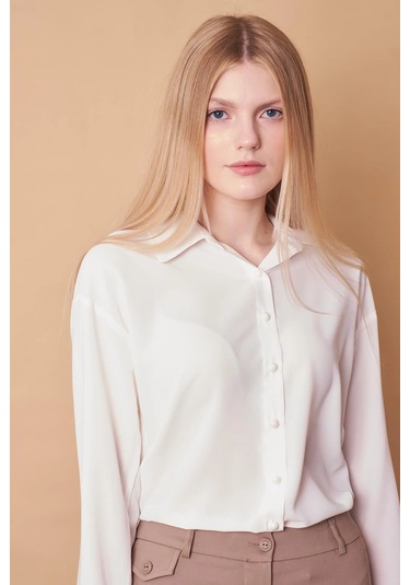 Kadın Yakalı Düşük Omuzlu Uzun Kol Likrasız Kumaş Gömlek-krem Krem