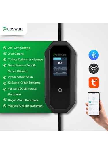 Coswatt Elektrikli Araç Taşınabilir Şarj Istasyonu 11 Kw - 16A / Tip-2 / 5X16A Fiş / Trifaze / 5m / Çantalı / Ev Tipi Dönüştürücü Kablolu