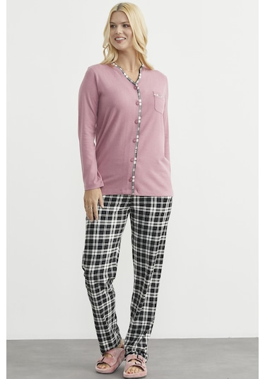 Sementa Ekose Kombinli Düğmeli Pijama Takım - Gül Kurusu Gül Kurusu