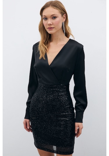 Sateen Payet Detaylı Saten Elbise - Siyah-135687 Siyah