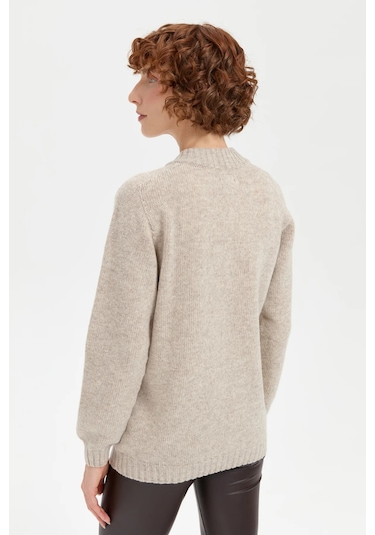 Desen Triko Kadın Dik Yaka Dikişsiz Önü Saç Örgülü Yün Hırka 24268 V.bej V.bej Bej