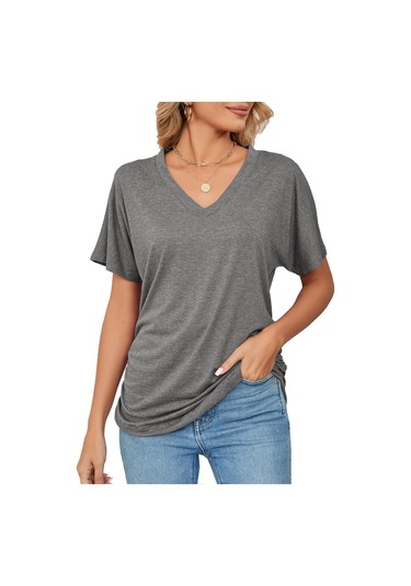 Gri Hnxc Kadın Moda Günlük Yaz Düz Renk Baskı Kısa Kollu V Yaka Bluzlar Ve Gömlekler Gri