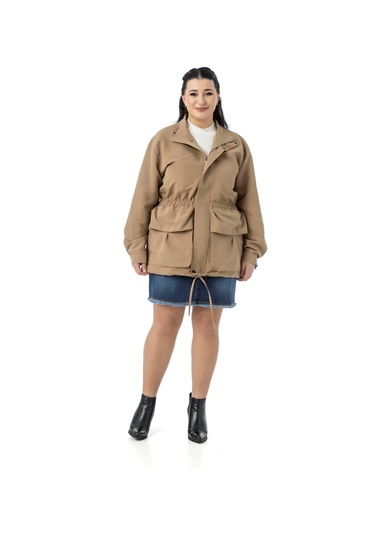 Büyük Beden Çıtçıt Ve Fermuar Kapamalı Beli Büzgülü Astarlı Vizon Trençkot Vizon