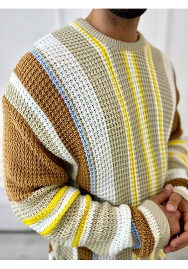 Kazak Oversize Renkli Örgü Desenli Naturel Pamuk Bol Kesim Salaş Triko Kazak Kahverengi