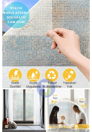 Technojet Statik Buzlu Desenli Cam Kaplama Filmi Duşa Kabin Ofis Balkon Dekorasyon Folyo 60cmx100cm Tk2016