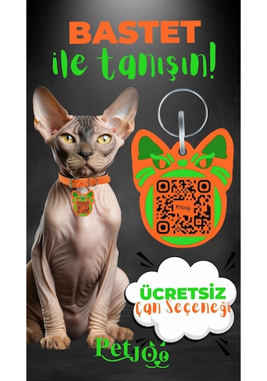 Petjoo 1.Bastet Yeşil-Turuncu Qr'lı Kedi Künyesi