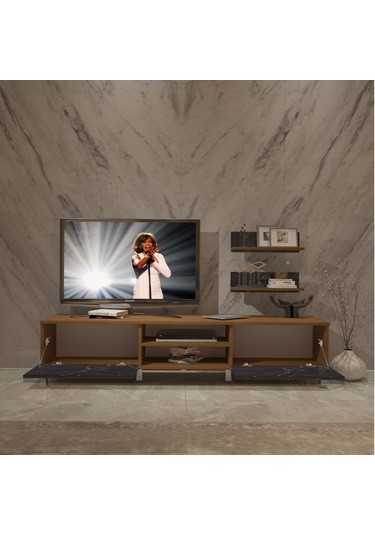 Decoraktiv Eko 4 Mdf Dvd Krom Ayaklı Tv Ünitesi Tv Sehpası Ceviz - Siyah Mermer
