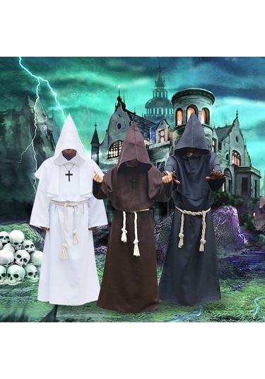 Pazly Cadılar Bayramı Rahip Kostümü Kapşonlu Koyu Yeşil Çapraz Kolyeli