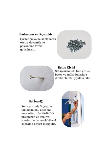 260 Adet Paslanmaz Beton Çivisi Seti - 3 Çeşit Çelik Beton, Duvar, Parke Çivisi Çivi Beton Çivisi Tr Diğer