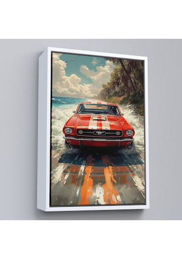 Ahşap Çerçeveli Kırmızı Mustang Tablo-7910