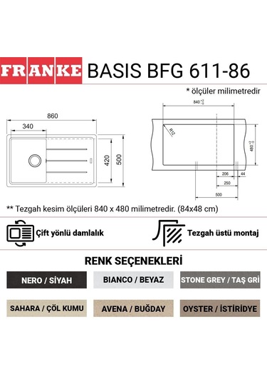 Franke Basis BFG 611 Granit Oyster Eviye. Active Plus Doccia Oyster Spiralli Armatür Seti