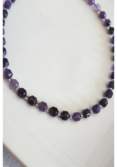 Badeaccessories Çokgen Ametist Amatist Doğal Taş Kolye