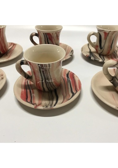 El Yapımı 6 Lı Seramik Rengarenk Ebruli Desen Kahve Fincanı Takımı