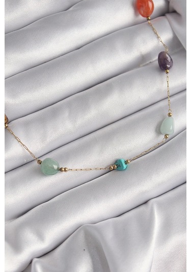 316l Çelik Gold Renk Zincir Renkli Doğaltaş Model Kadın Kolye Çok Renkli