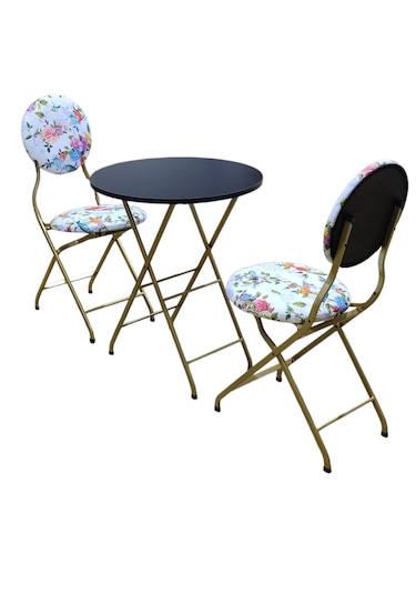 Katlanabilir Beyaz Gül Ve Kuş Gold Metal Masa Ve Sandalye Takımı