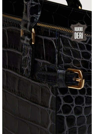 Hakiki Deri Kadın El Çantası Siyah Kroko Smr7922 Siyah Kroko