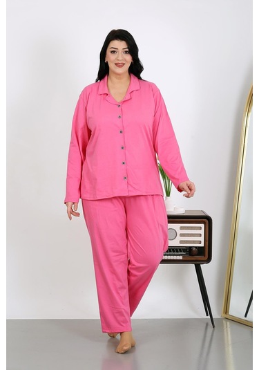 Akbeniz Kadın Büyük Beden Pamuklu Cepli Düğmeli Pembe Pijama Takım 202504 Pembe