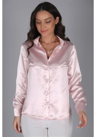 Sweetness Kadın Pudra Pembe Saten Uzun Kol Abiye Gömlek Pudra
