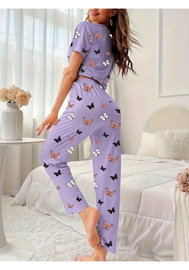 Supplierby Kadın Kısa Kollu Bisiklet Yaka Kelebek Baskılı Süprem Ikili Takım Mor