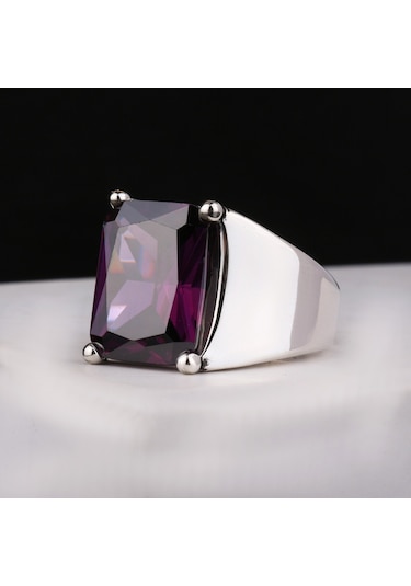 Fkgümüş 925 Ayar Gümüş Ametist Taşlı Sade Erkek Yüzük Silver