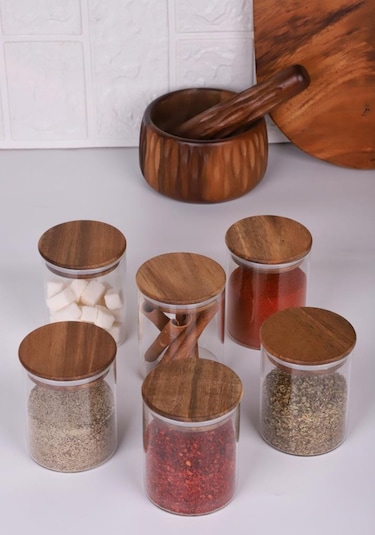 Akasya Kapaklı Borosilikat Cam Baharatlık Saklama Kavanozu 200 Ml 6'lı Ahşap - Şeffaf