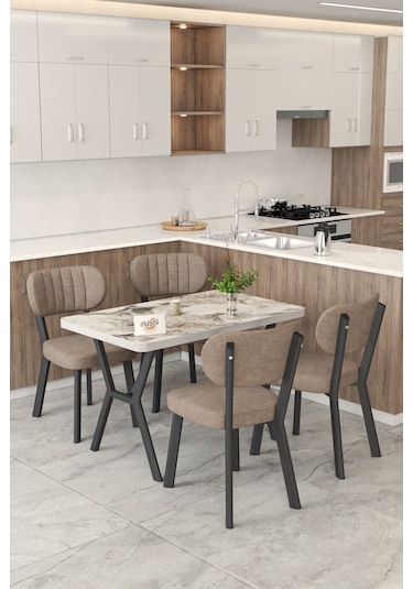 Gnr 70x110cm Sabit Efes Mutfak Masası Takımı, Yemek Masası, 4 Modern Cappucino Sandalye Cappuccino