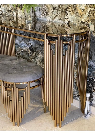 Ekgconcept Piyano Model Lüx Dresuar Gold Elips Ayna Ve Puf Gold