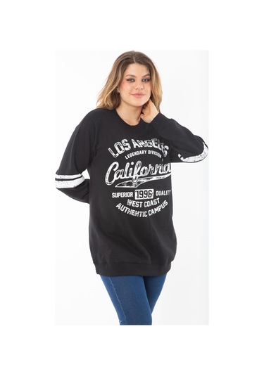 Kadın Büyük Beden Siyah İçi Şardonlu Üç İplik Sweatshirt 65n37295-siyah Siyah