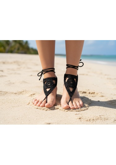 Boho Stil Barefoot Sandal El Yapımı Siyah Ayak Aksesuarı Çift