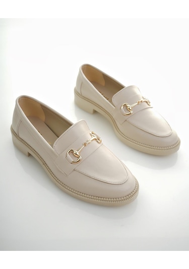 Muggo Sussie Garantili Metal Tokalı Kadın Loafer Günlük Ayakkabı Ten Cilt