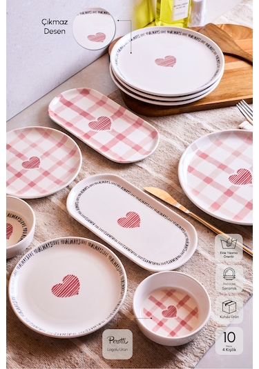 Hearts 10 Parça 4 Kişilik Kahvaltı Takımı Cokrenklı Pembe