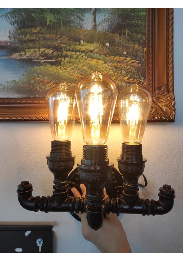 Endüstriyel Tasarım Vintage Duvar Aplik Borulardan Lamba 3'li Sarı