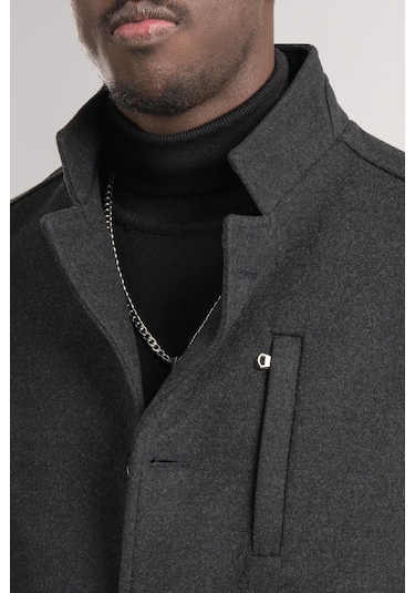 Slimfit Hakim Yaka Düğme Kapamalı Yan Cepli Astarlı Tek Yırtmaçlı Yünlü Kaşe Kaban Antrasit