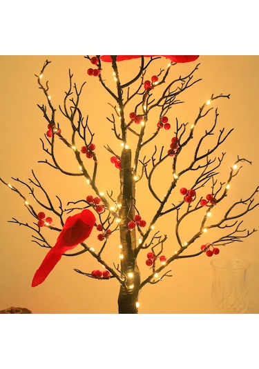 Geeroyoo Led Aydınlatmalı Kırmızı Kuş Ve Meyve Desenli Orman Dekorasyon Lambası - Noel, Yılbaşı, Partiler İçin Isıklı Ambiyans Oluşturucu Tahtaüstü Dekoratif Işık Kırmızı
