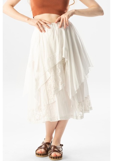 Salkım Vual Dantelli Saçaklı Uzun Yazlık Otantik Etek Krem Krm-krem Krem
