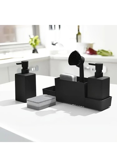 Motion003 6 Adet Mat Siyah Çift Sabunluklu Sünger Tutucu Ve Bulaşık Fırçası İle Alt Depolama Drenajlı Mutfak Lavabosu Veya Banyo İçin Modern Minimalist Tasarım Siyah Siyah