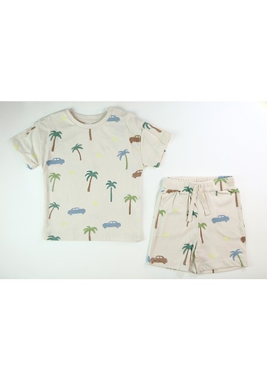 Erkek Çocuk Palmiye Baskılı Çizgili Kısa Kollu Şortlu Alt Üst Takım 001