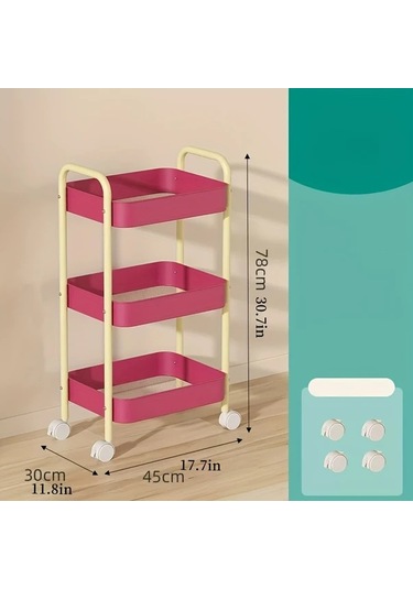 Fochsia Faridabio 3 Katlı Pembe Tekerlekli Mobil Organizasyon Sepeti Mutfak Banyo Pembe