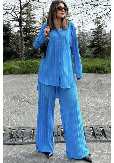 Kadın Mavi Uzun Tunik Gömlek & Beli Lastikli, Bol Paça Pantolon - Salaş Bürümcük Takım Mavi