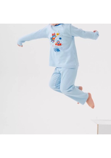 Süper Heros Çanta Ve Maskeli % 100 Pamuk Erkek Çocuk Pijama Takımı Mavi