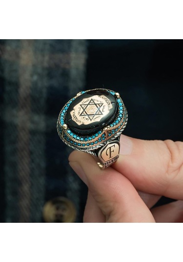 Alyans Evim  Mührü  Süleyman İşleme Sıkma Kehribar Taşlı 925 Gümüş Erkek Yüzük