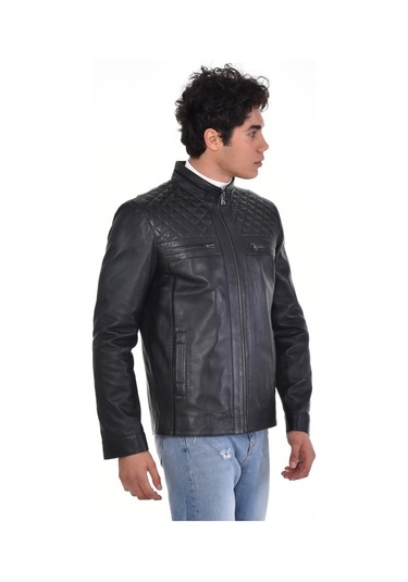 Hakiki Deri Siyah Erkek Deri Mont Omuzdan Baklava Desenli Dört Cepli Deri Ceket Siyah