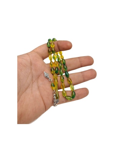 Han Ticarethane Yeşil Sarı Renk Arpa Kesim Toz Kehribar Tesbih