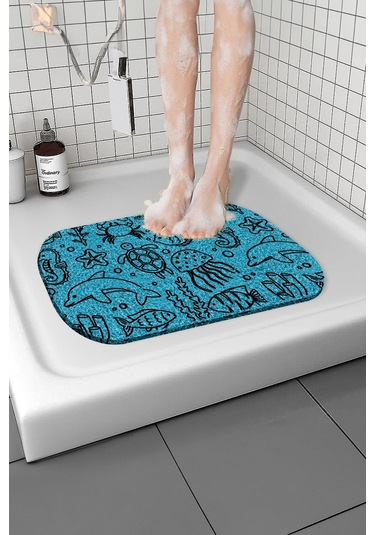Desenli Banyo Paspası Kaymaz Paspas Su Emici Islak Zemin Küvet Paspası Kivircik Paspas 40x60 Cm Mavi