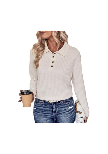 İlkbahar Ve Sonbahar Kadın Bluz Yaka Düz Renk Rahat Günlük Uzun Kollu Örgü Üst Bej