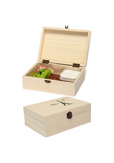 Ev Saklama Kutusu Doğal Ahşap Kapaklı Altın Kilit Kartpostal