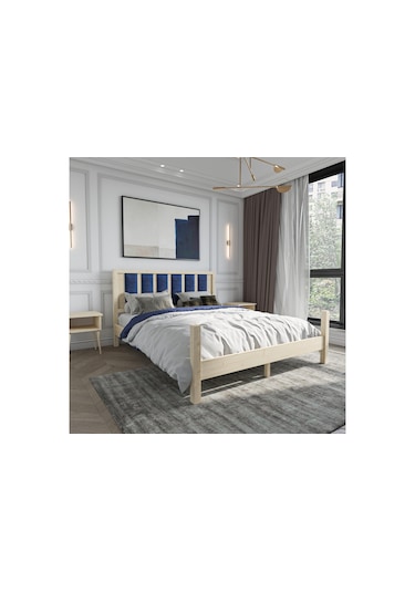 Orion Model Lacivert Puflu Başlıklı Doğal Çam Ahşap Karyola-68 90 x 200