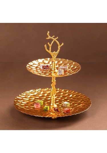 Porsima 2 Katlı Gold Metal Mini Sunumluk-mini İkramlık Lokumluk